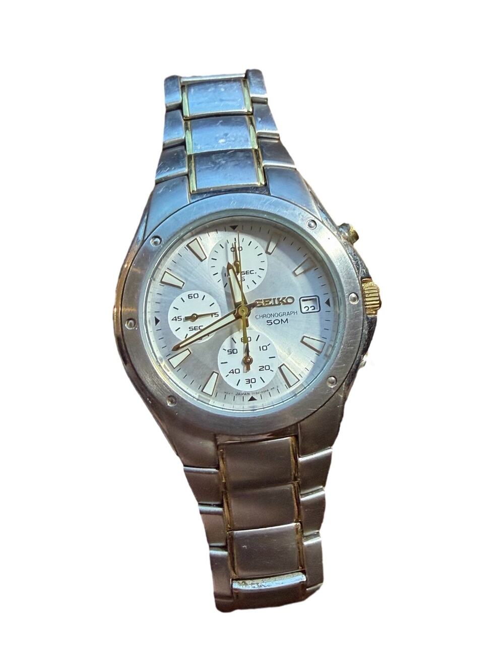 Seiko Men's 2-Tone Chronograph Quartz Watch 50M Date Silver Dial